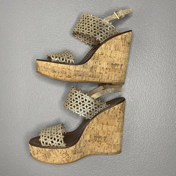 TORY BURCH Sandals Perforated Leather Wedge Platform Cork Heel Womens 6 Gold - Picture 5 of 9